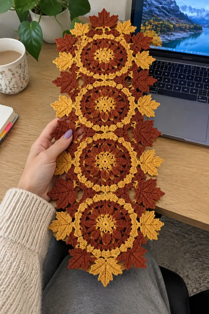 Cascading Maple Leaf Medallion Table Runner Pattern crochet pattern - detailed view of completed project