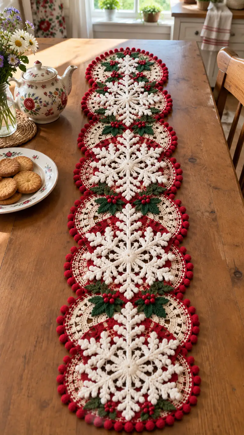 Festive Snowflake Medallion Table Runner Pattern crochet pattern - detailed view of completed project