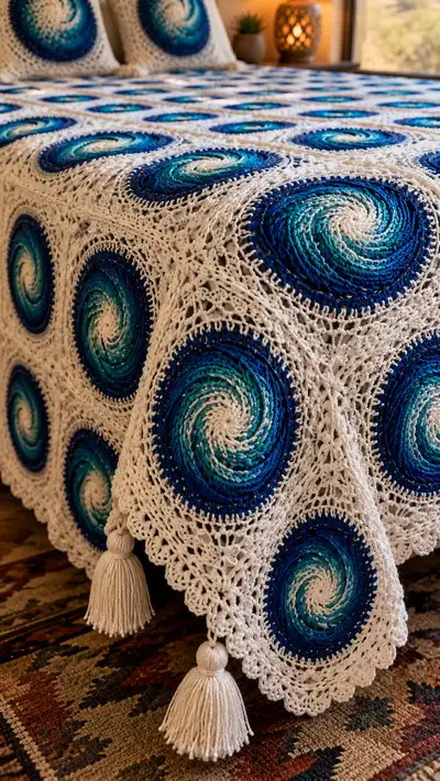 Ocean Spiral Granny Square Bedspread Pattern step 2 - assembly progress