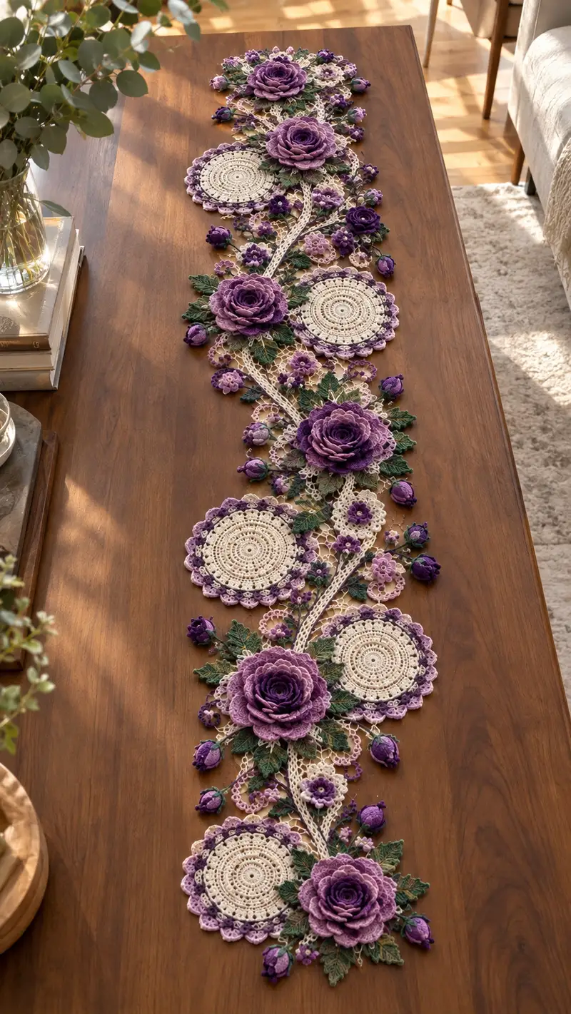 Elegant Purple Floral Table Runner Pattern crochet pattern - detailed view of completed project