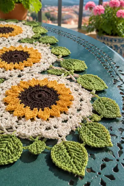 Sunflower Mandala and Leaf Sprig Table Runner Pattern step 2 - assembly progress