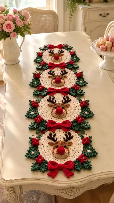 Cream Reindeer With Green Holly Table Runner Pattern step 1 - construction progress