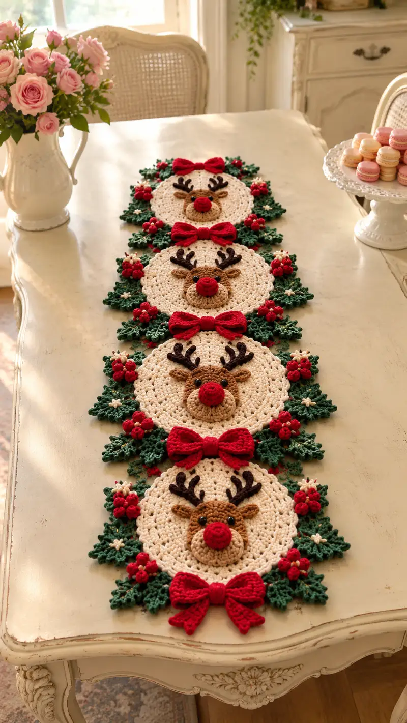 Cream Reindeer With Green Holly Table Runner Pattern crochet pattern - detailed view of completed project