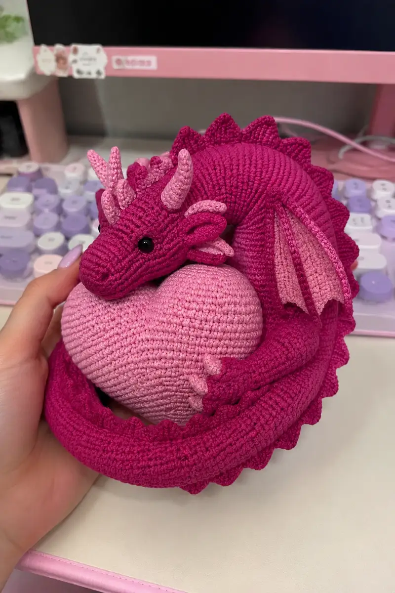 Big Magenta Valentine Dragon Curled Around a Heart Amigurumi Pattern crochet pattern - detailed view of completed project