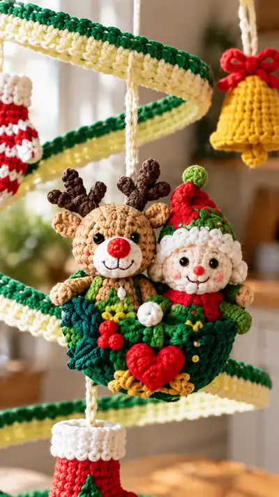 Whimsical Spiral Christmas Mobile Amigurumi Pattern step 2 - assembly progress