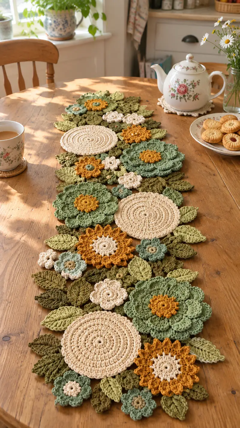 Botanical Floral Table Runner Pattern crochet pattern - detailed view of completed project