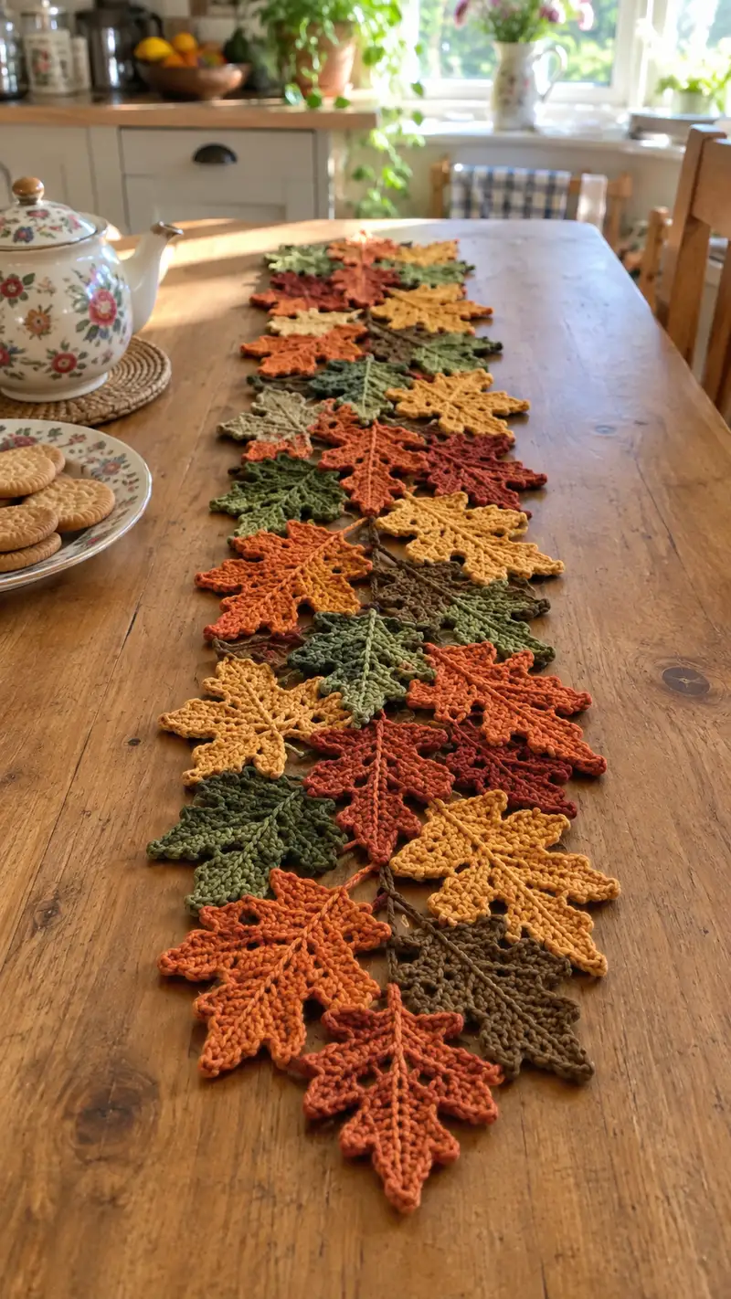 Autumn Leaves Table Runner Pattern crochet pattern - detailed view of completed project