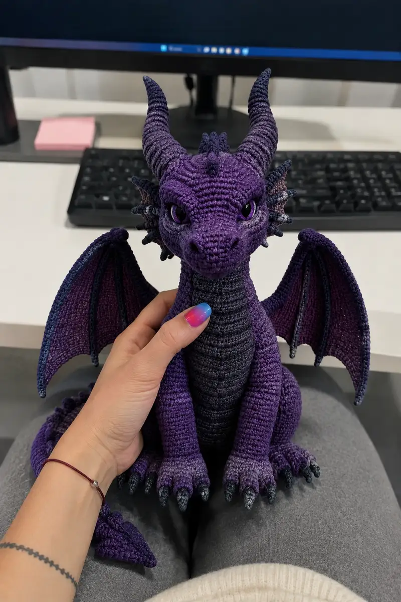 Big Dark Purple Demon Dragon with Bat Wings Amigurumi Pattern crochet pattern - detailed view of completed project