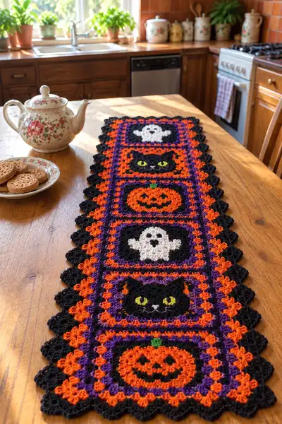 Halloween Granny Square Table Runner Pattern step 1 - construction progress