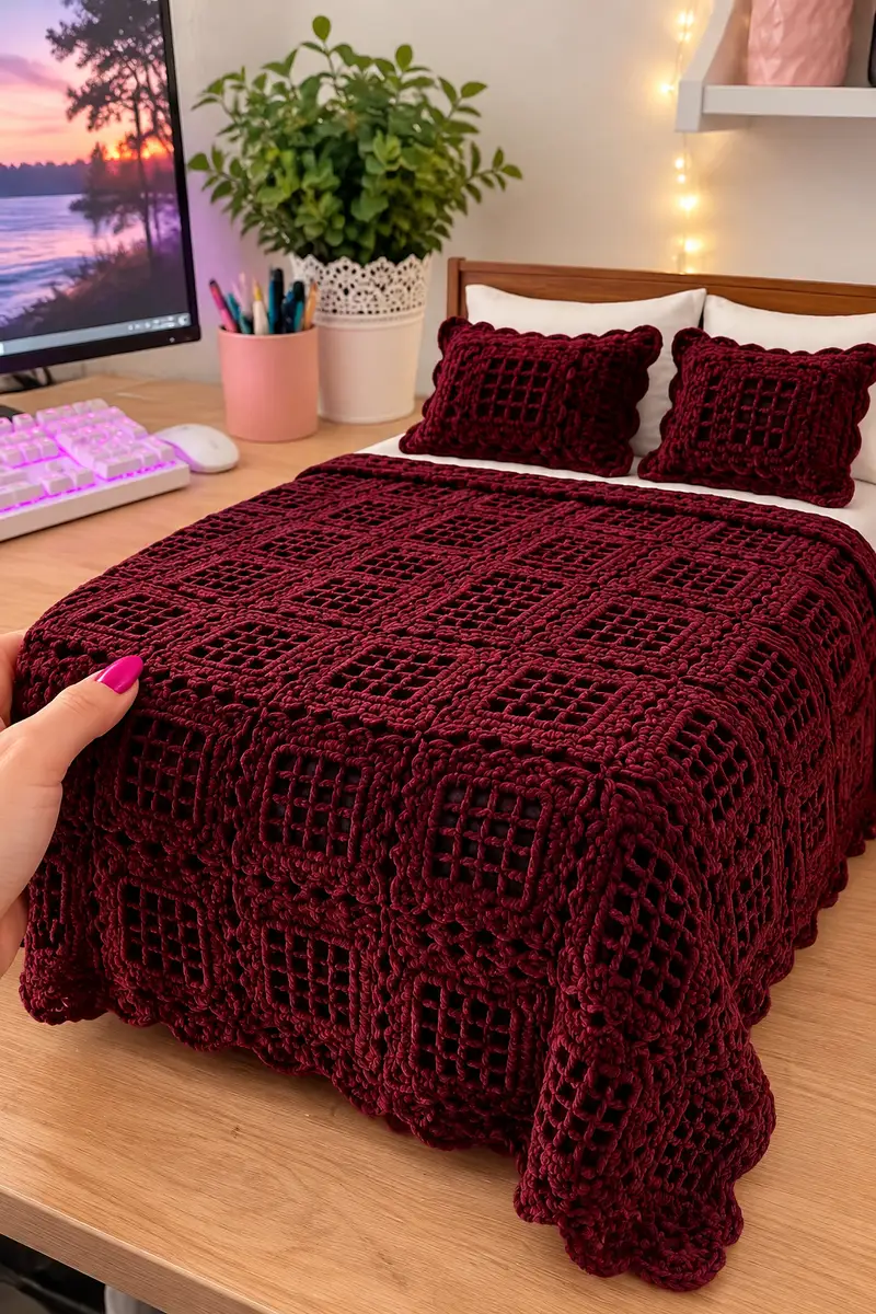 Deep Velvet Bedspread Pattern crochet pattern - detailed view of completed project