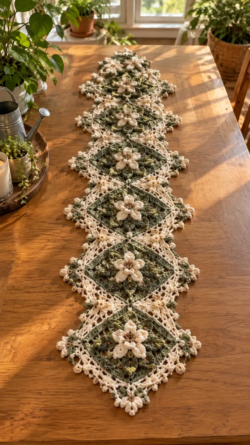 Sage Green And Cream Floral Diamond Table Runner Pattern crochet pattern - detailed view of completed project