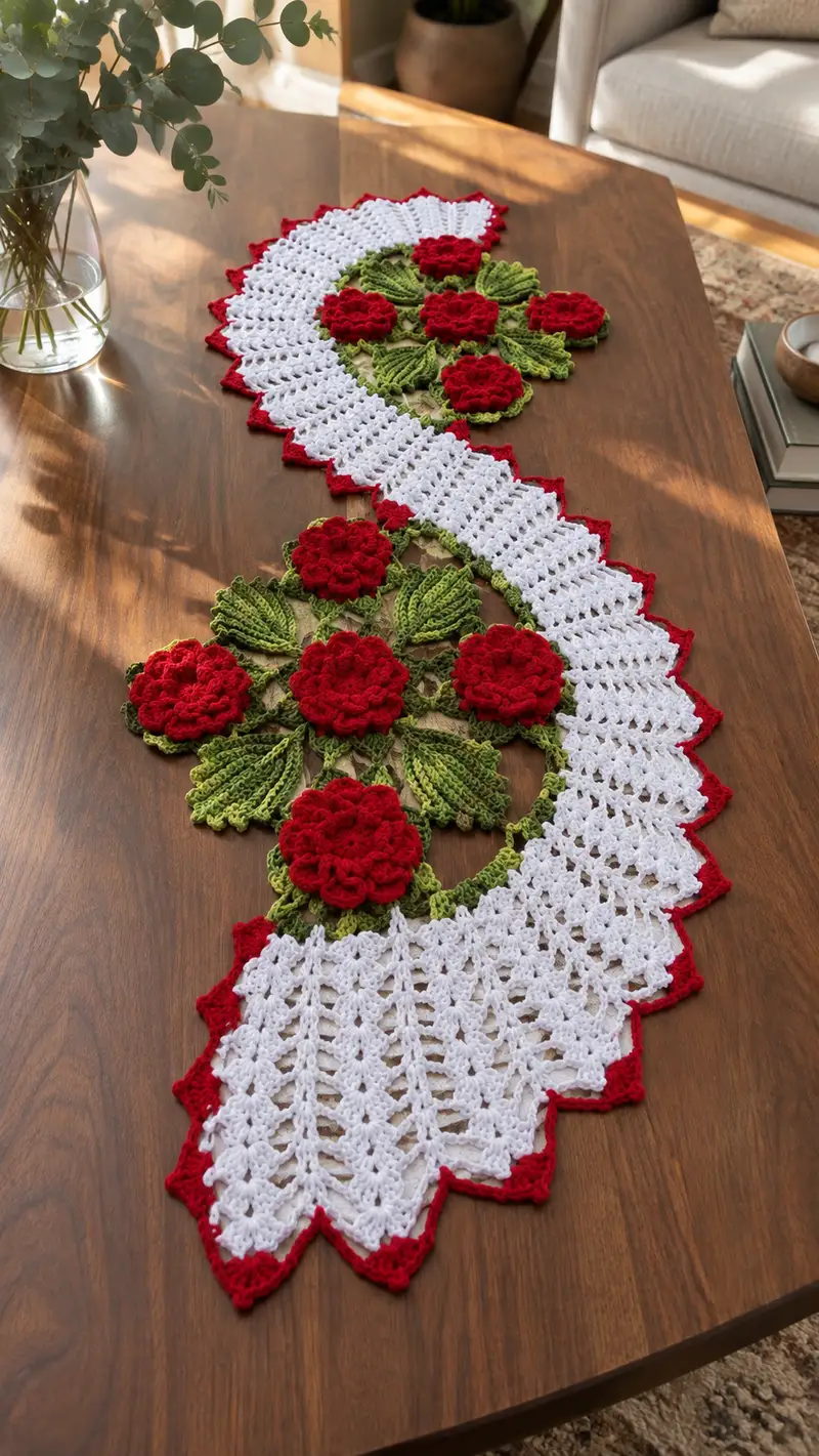 Elegant Rose Table Runner Pattern crochet pattern - detailed view of completed project
