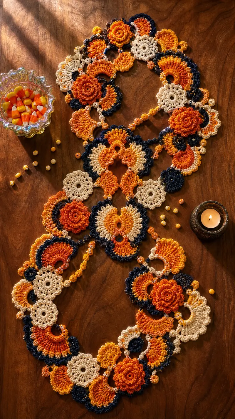 Free Intermediate crochet pattern: Candy Corn Halloween Table Runner Pattern - Easy to follow tutorial