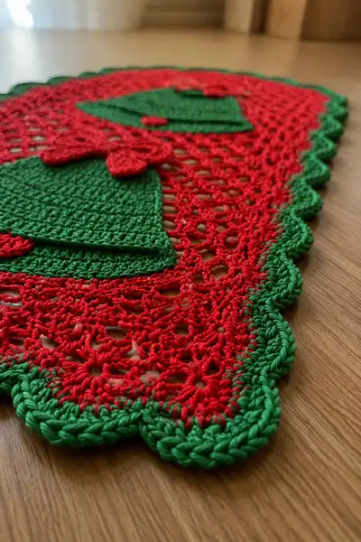 Red and Green Christmas Bell Table Runner Pattern step 2 - assembly progress