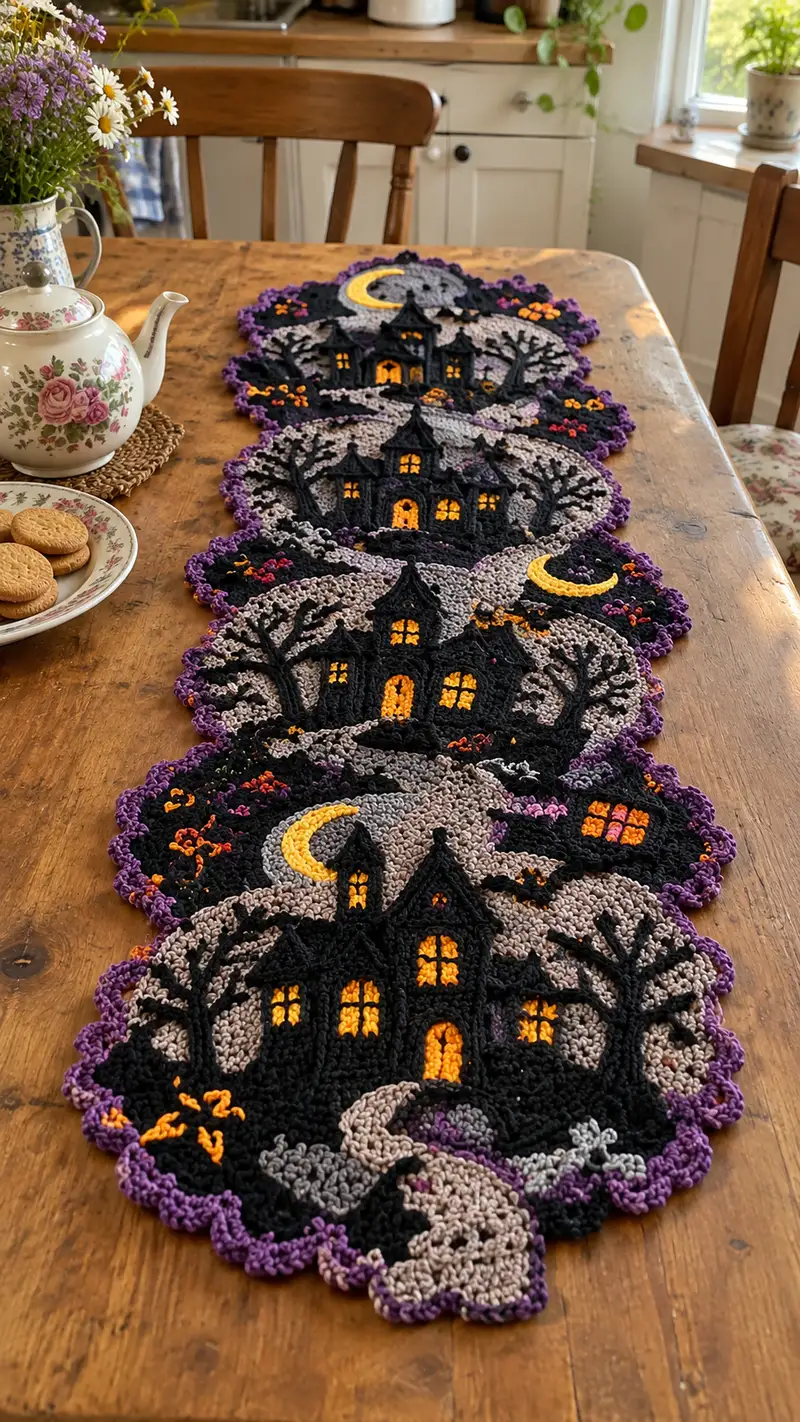 Haunted House Halloween Table Runner Pattern crochet pattern - detailed view of completed project