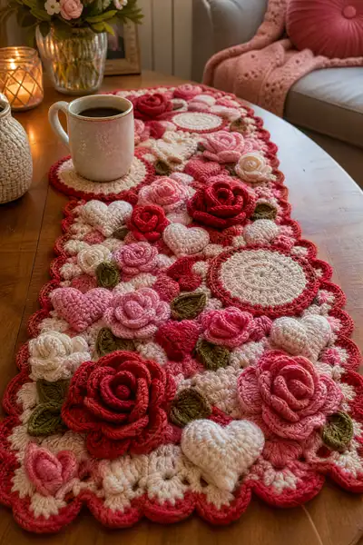 Valentine Rose Heart Crochet Table Runner Pattern step 1 - construction progress