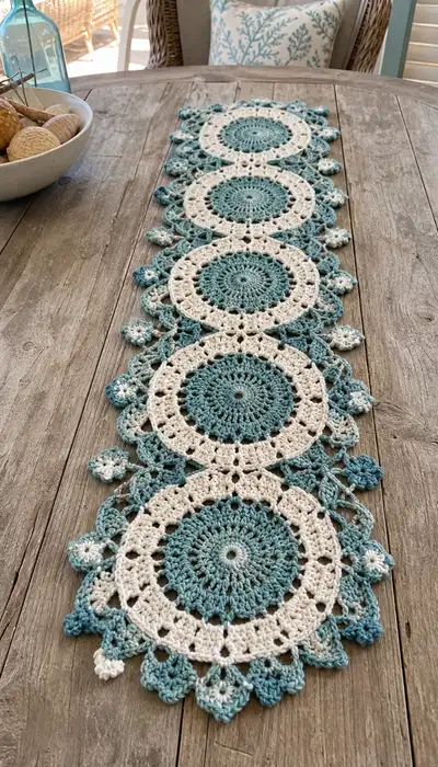 Teal And Ivory Medallion Table Runner Pattern step 1 - construction progress