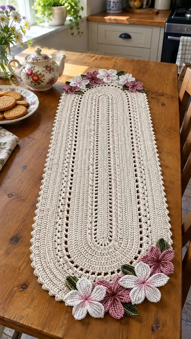 Elegant Oval Floral Table Runner Pattern crochet pattern - detailed view of completed project