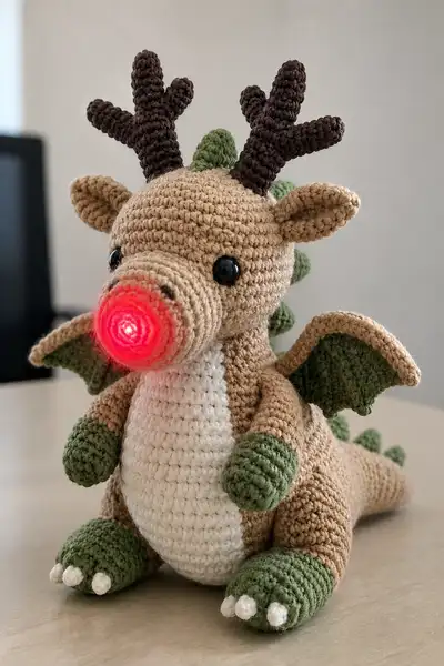 Reindeer Dragon with Antlers and Glowing Red Nose Amigurumi Pattern step 1 - construction progress
