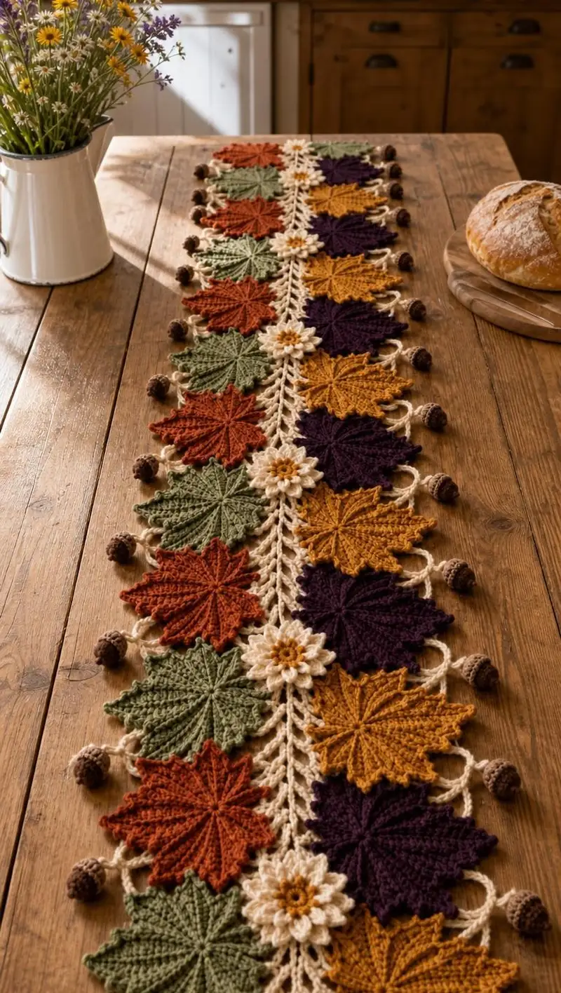 Autumn Leaves Table Runner Pattern crochet pattern - detailed view of completed project
