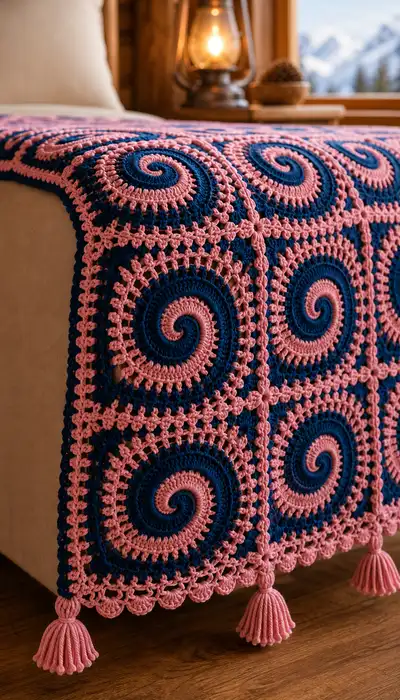 Bubblegum & Navy Spiral Granny Bedspread Pattern step 2 - assembly progress