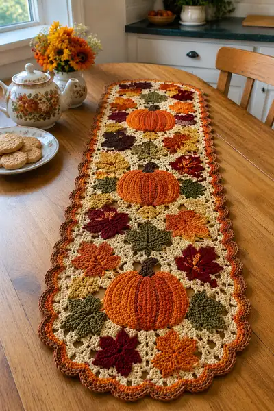 Autumn Leaves and Pumpkins Table Runner Pattern step 1 - construction progress