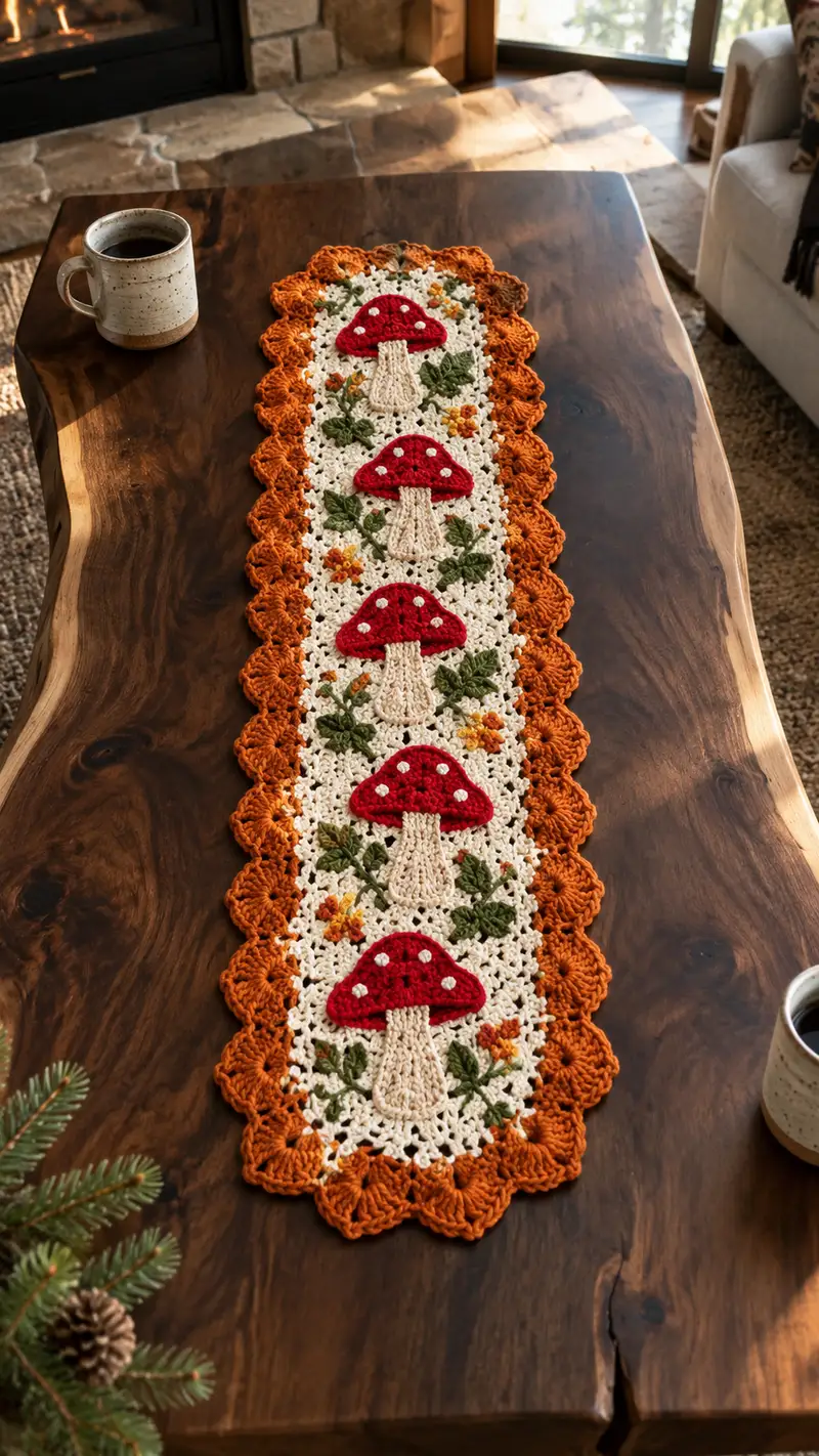 Autumn Toadstool Table Runner Pattern crochet pattern - detailed view of completed project
