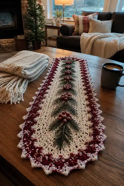 Frosted Cranberry and Pine Christmas Table Runner Pattern step 1 - construction progress