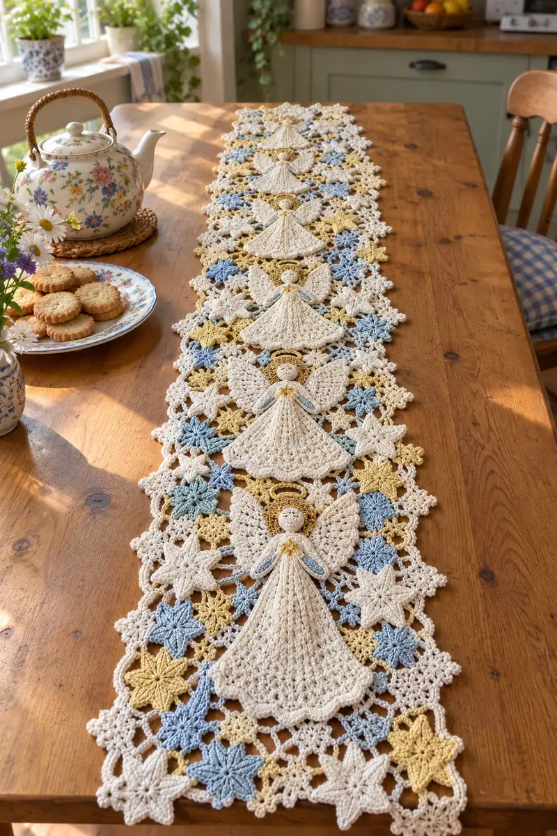 Angel Stars Table Runner Pattern crochet pattern - detailed view of completed project
