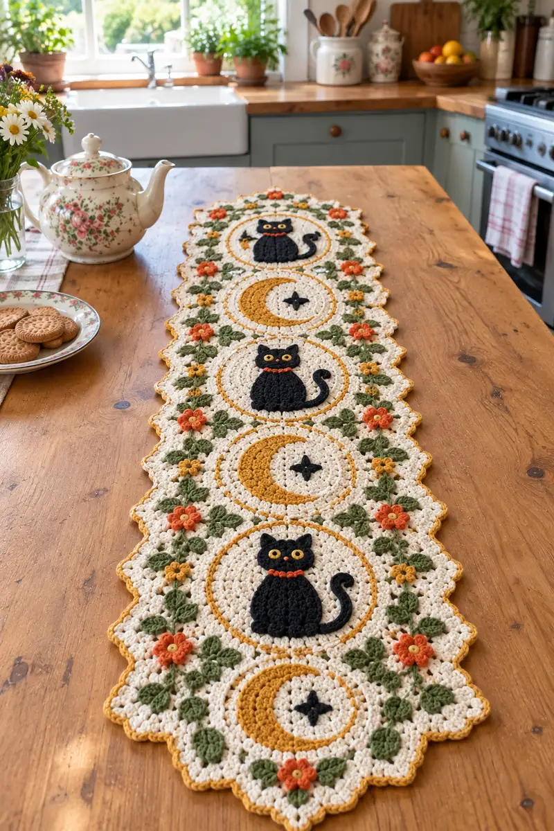 Vintage Black Cat Table Runner Pattern crochet pattern - detailed view of completed project