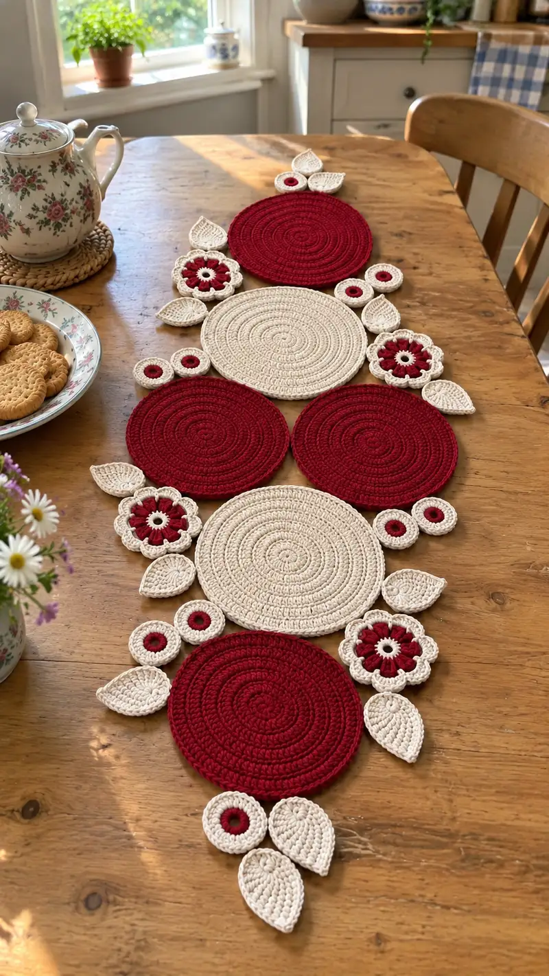 Festive Circle & Flower Table Runner Pattern crochet pattern - detailed view of completed project