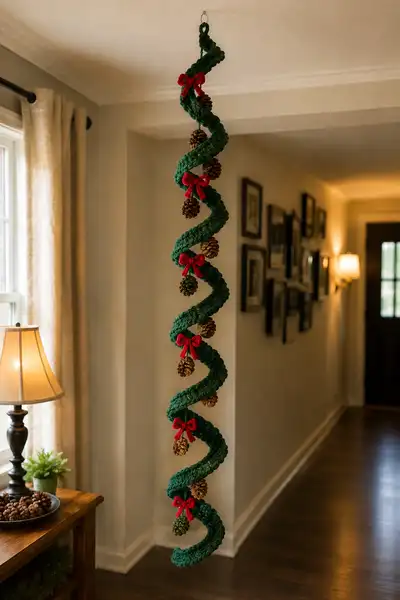 Evergreen Spiral Christmas Garland Trailing with Pinecones and Red Bows Pattern step 1 - construction progress