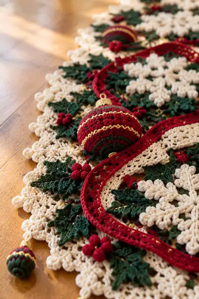 Festive Snowflake & Holly Table Runner Pattern step 2 - assembly progress
