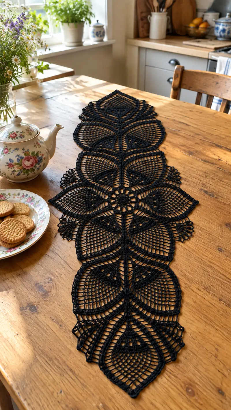 Elegant Black Leaf Lace Table Runner Pattern crochet pattern - detailed view of completed project
