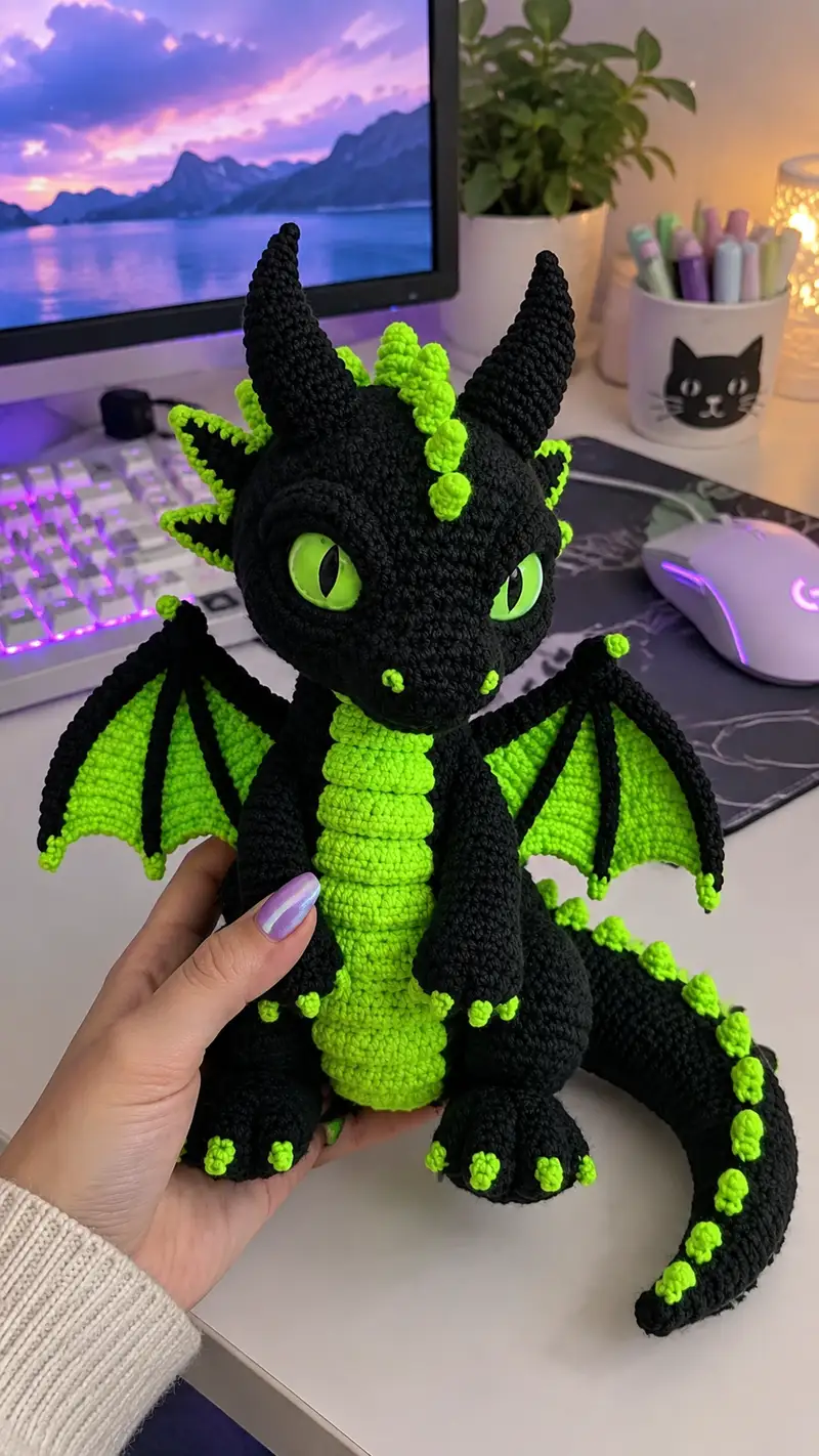 Neon Spike Dragon Amigurumi Pattern crochet pattern - detailed view of completed project