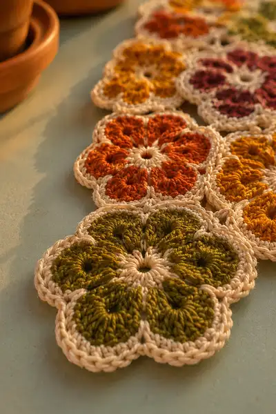 Linked Flower Medallion Table Runner with Scattered Fall Leaves Pattern step 2 - assembly progress
