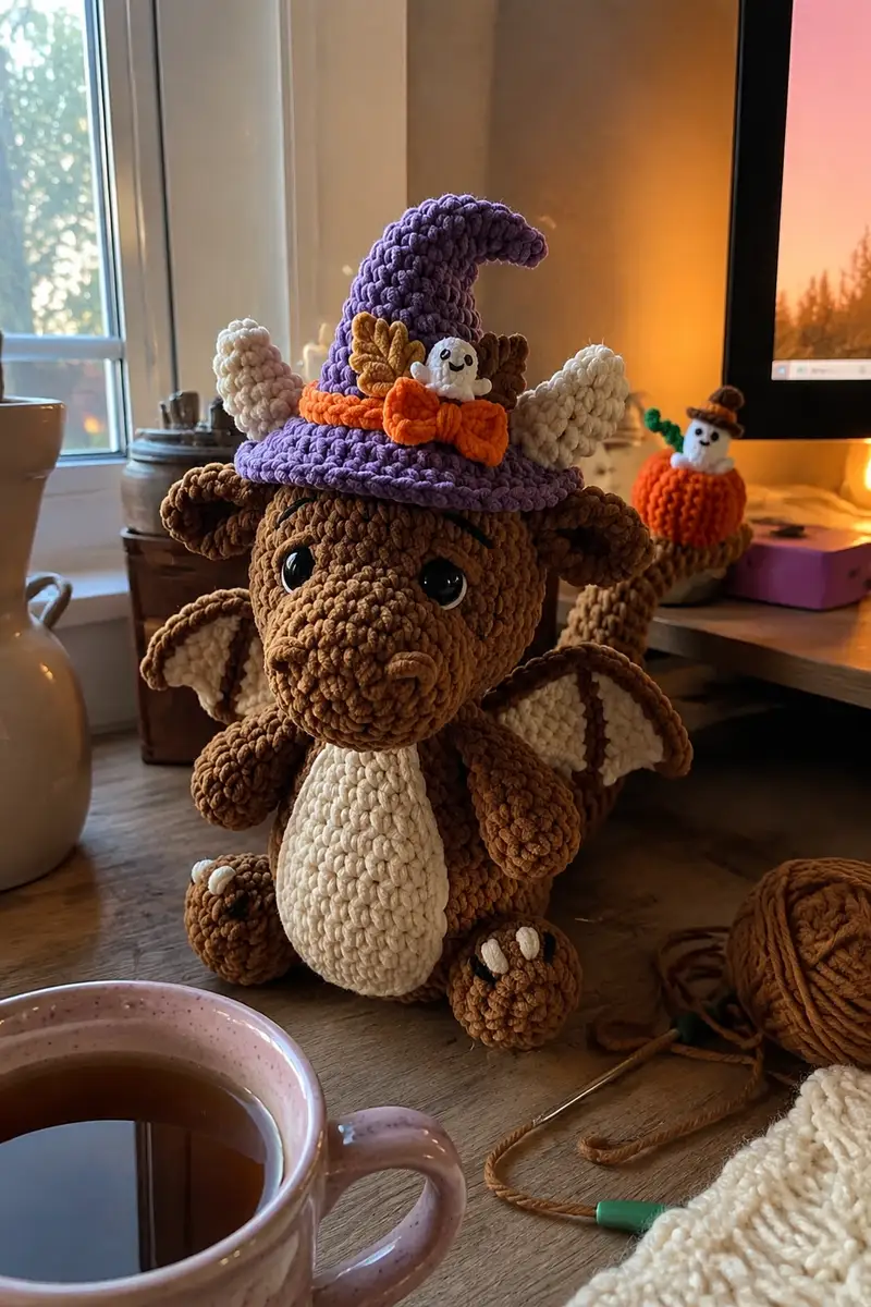 Halloween Cute Dragon Amigurumi Pattern crochet pattern - detailed view of completed project