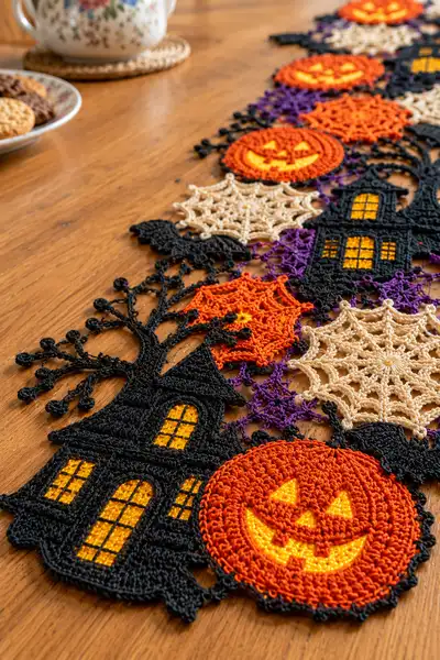 Halloween Jack-o-Lantern and Haunted House Table Runner Pattern step 2 - assembly progress