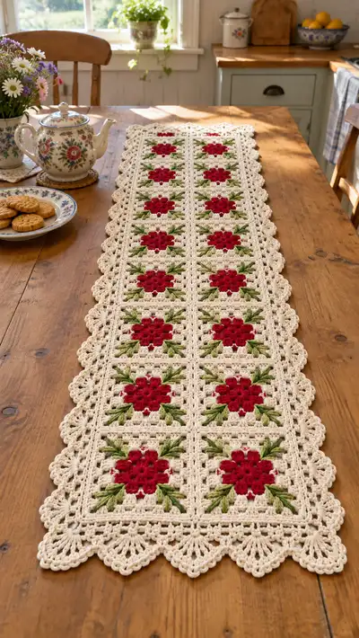 Vintage Floral Granny Square Table Runner Pattern step 1 - construction progress