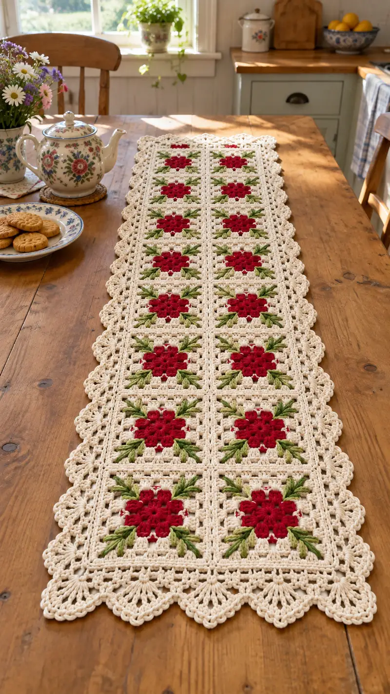 Vintage Floral Granny Square Table Runner Pattern crochet pattern - detailed view of completed project