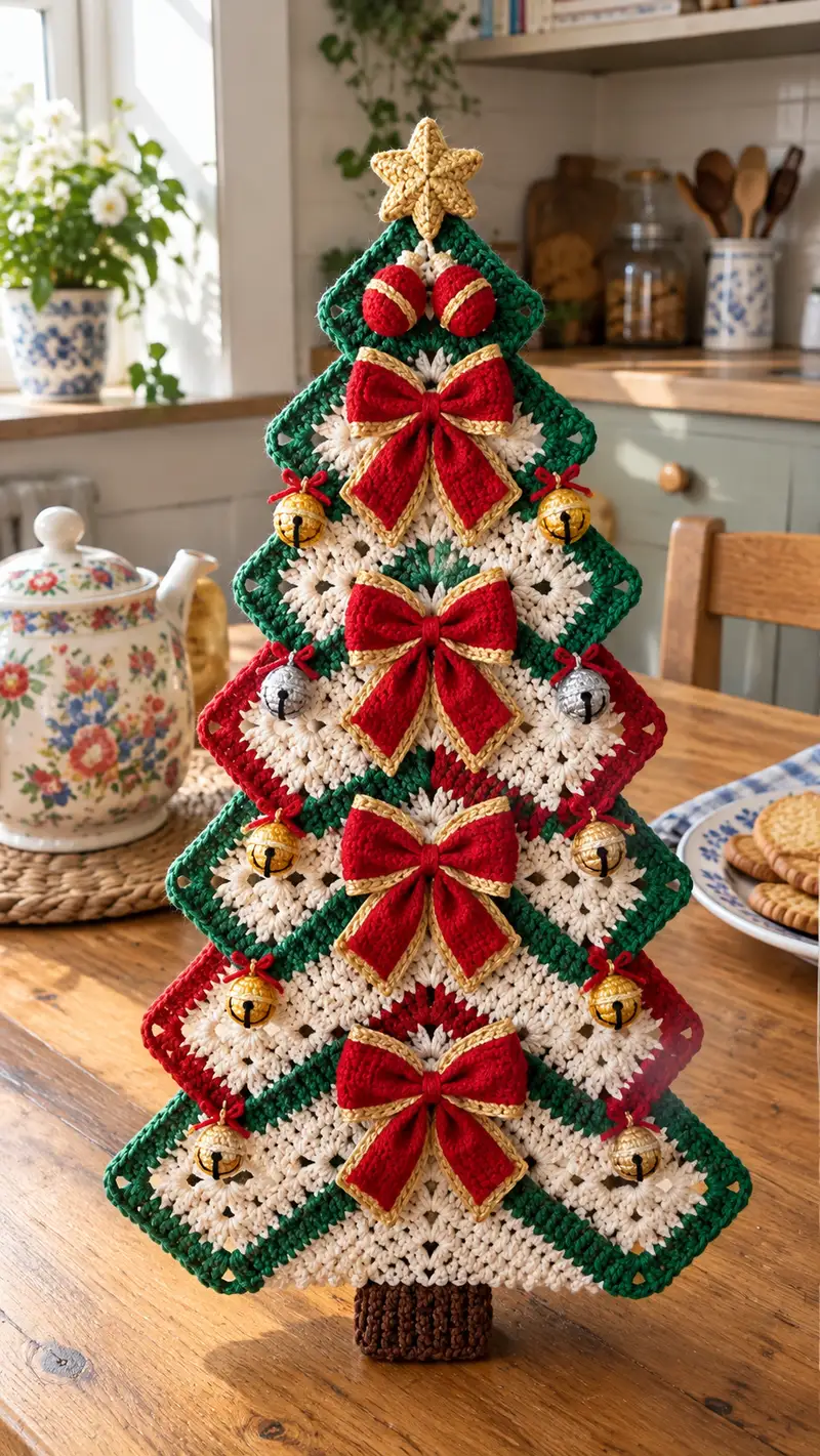 Granny Square Christmas Tree Wall Hanging Pattern crochet pattern - detailed view of completed project