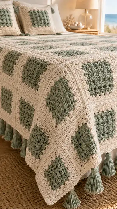 Sage Lattice Granny Square Bedspread Pattern step 2 - assembly progress