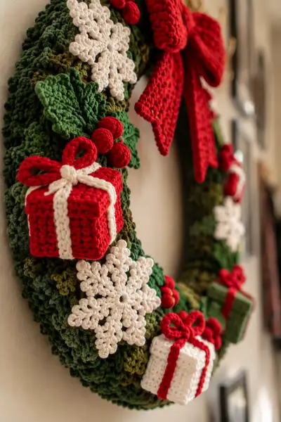 Christmas Wreath with Snowflake Holly and Gift Boxes Pattern step 2 - assembly progress