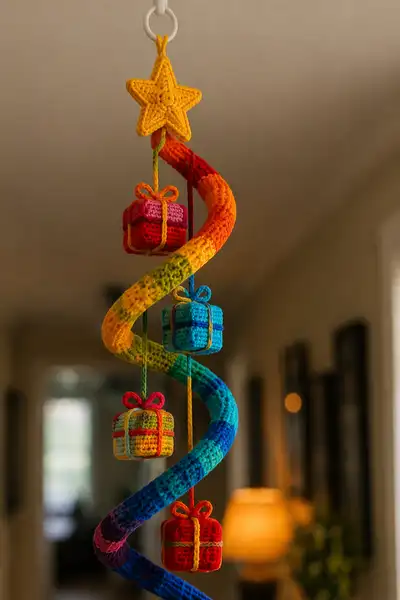 Festive Rainbow Spiral Christmas Garland Falling with Wrapped Gifts Pattern step 2 - assembly progress