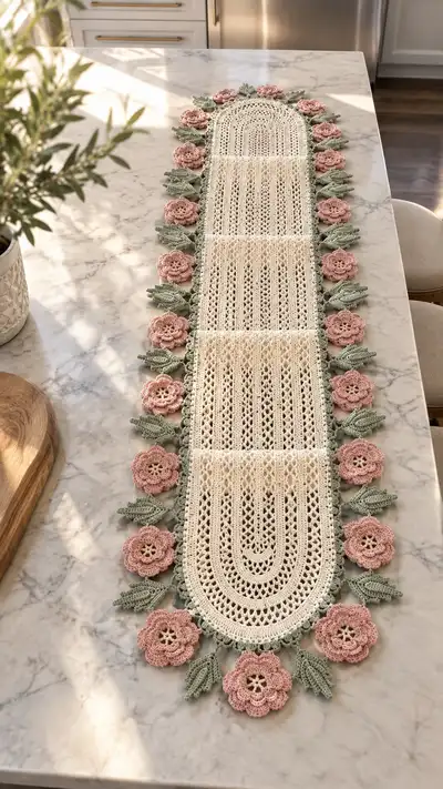 Delicate Rose Lace Table Runner Pattern step 1 - construction progress