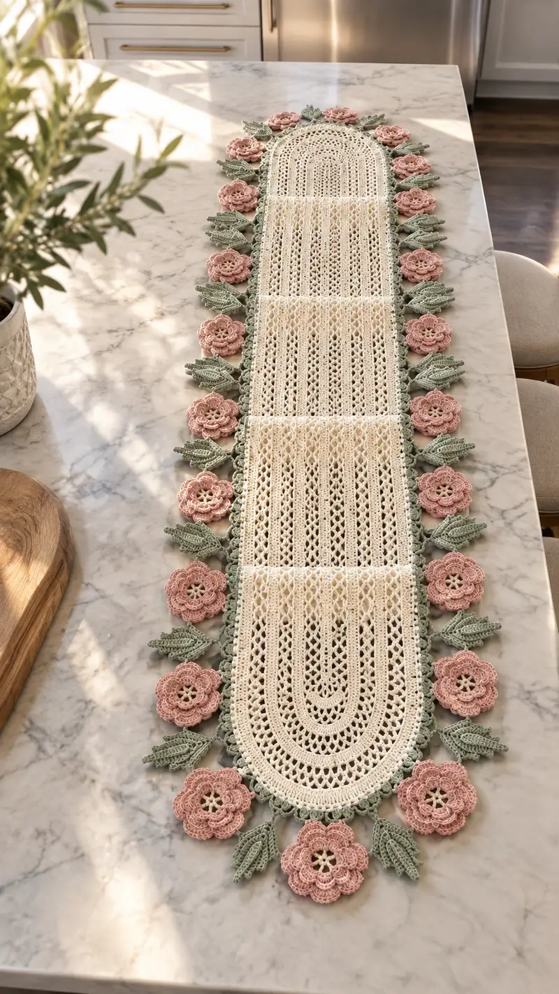 Delicate Rose Lace Table Runner Pattern crochet pattern - detailed view of completed project