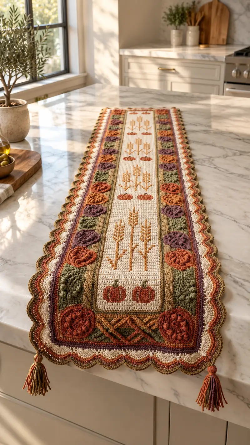 Autumn Harvest Table Runner Pattern crochet pattern - detailed view of completed project