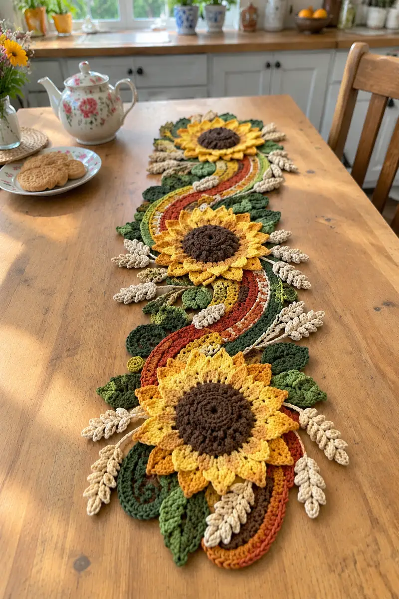 Freeform Autumn Sunflower and Wheat Spiral Table Runner Pattern crochet pattern - detailed view of completed project