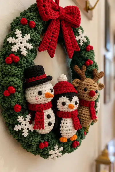 Christmas Amigurumi Wreath with Snowman Penguin and Reindeer Amigurumi Pattern step 2 - assembly progress