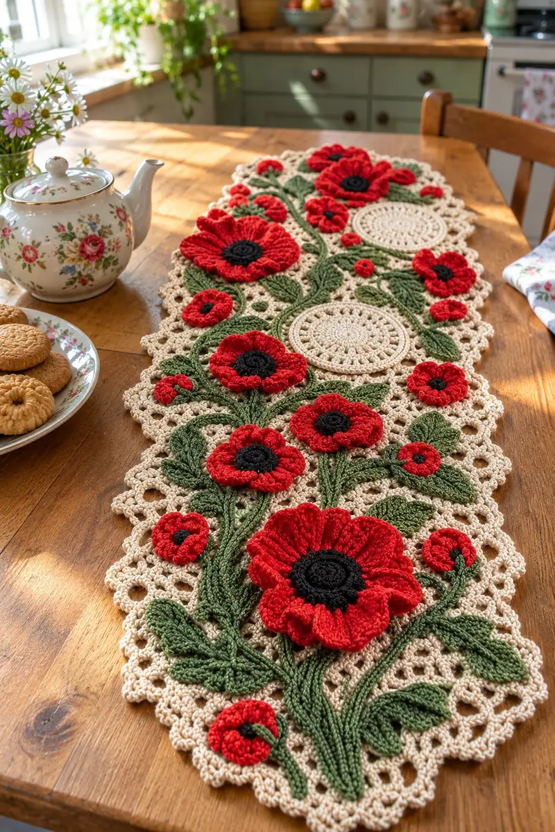Poppy Field Crochet Table Runner Pattern crochet pattern - detailed view of completed project